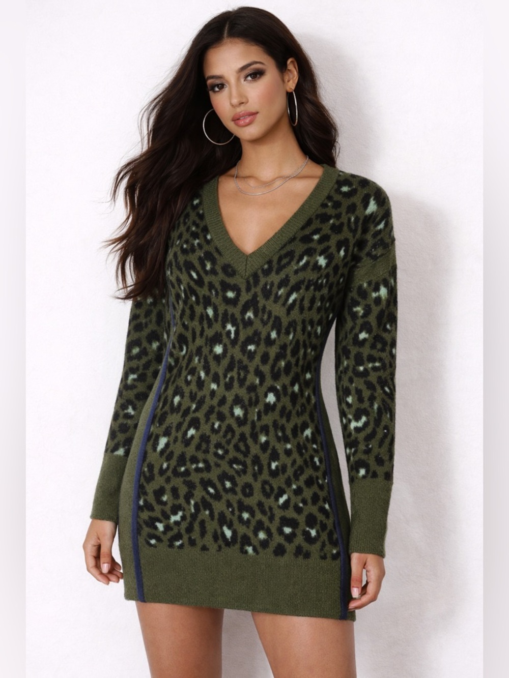Topshop Green Leopard V-Neck Sweater Dress